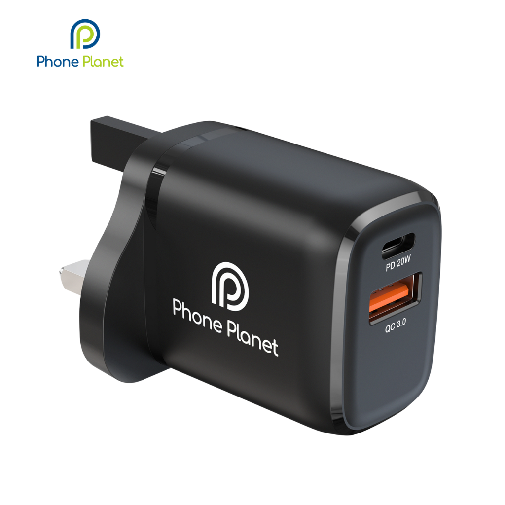 Phone Planet -PP-20WPDQCUK -20W USB C PD Fast Charger, Dual Port Type-C QC3.0 Wall Adapter UK Plug